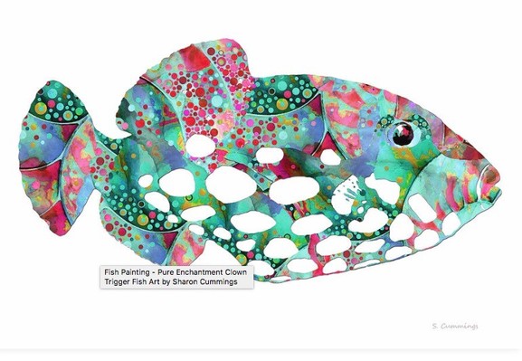 Colorful clown triggerfish art in blues, green, aqua and coral by artist Sharon Cummings.