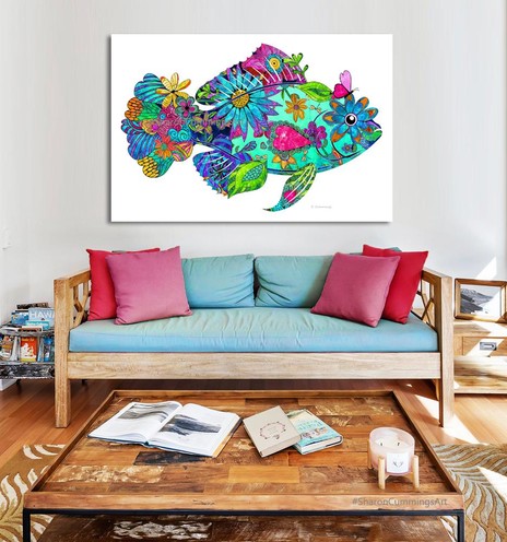 Colorful fish art collaged with flowers and hearts by artist Sharon Cummings.