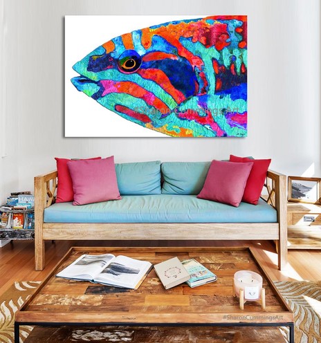 Colorful watercolor painting of a Christmas wrasse fish by artist Sharon Cummings.  Haiku in post.
