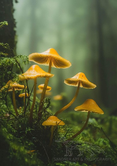 A vibrant cluster of bright yellow mushrooms with delicate, ribbed caps grows amidst lush green moss and ferns in a misty forest. The soft, diffused light filters through the fog, creating a magical and serene atmosphere, highlighting the intricate details of the fungi against the dark, shadowy background of towering trees.