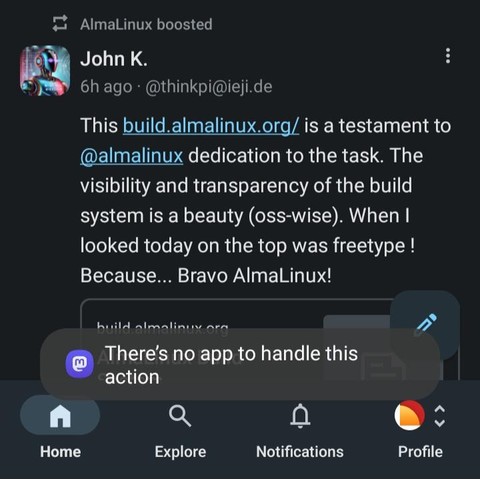 Screenshot - Mastodon error when tapping a link... "There's no app to handle this action".