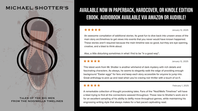 3 5-star Goodreads reviews for Michael Shotter's book "8: Tales of The Big Men from The Nod/Wells Timelines"