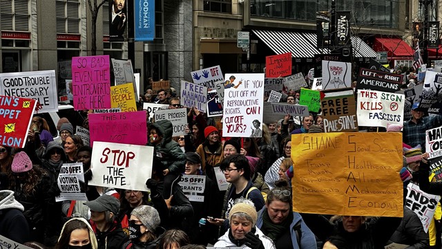 #Chicago #HandsOff #Protests 

I shed #TearsOfMirth 😂 at the sight of a sign that says "So Bad, Even the #Introverts Are Here!" 

Other signs say: 
#StopTheHate
FREE #MahmoudKhalil 
"If you cut off MY #ReproductiveRights, can I cut off yours?" with woman wielding a pair od scissors 😂 

And a poster that reads "Shame on #Trump #Musl #Republicans #Democrats" — Damn right! #ElectedDemocrats are behaving as if they were elected to support the #MAGA #DOGE agenda. #Schumer #Schiff #Fetterman, Go home!