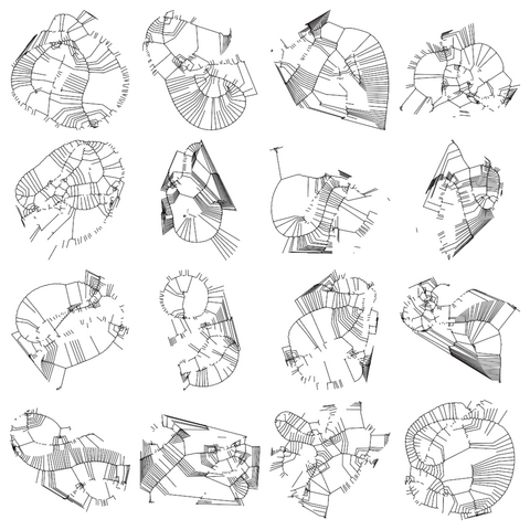 A 4x4 grid of somewhat broken shapes drawn with a black stroke on white background. The shapes are generated using the chordal axis method in PGS applied to a random closed  hobby curve with 10 points each. The results have many non-crossing lines, often almost parallel to each other, a bit like strange city maps of alien neighborhoods.
