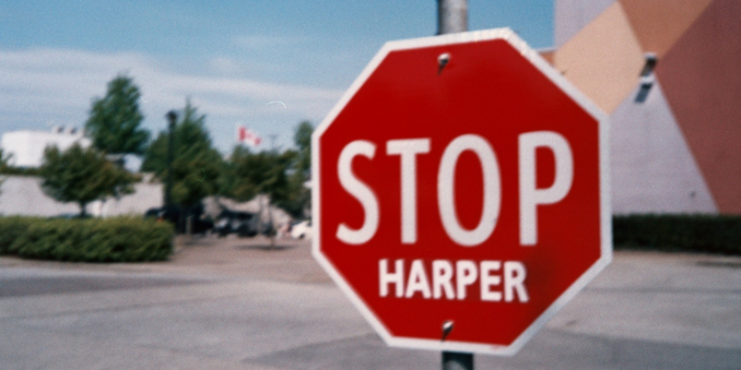 A STOP sign in Canada, doctored to say "STOP HARPER" hearkening back to the 2014-2015 end of the last time conservatives held Federal Leadership in Canada.