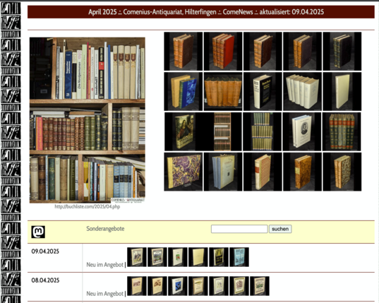 Screenshot der Aktuell-Seite des Comenius-Antiquariates mit den neu erfassten Büchern