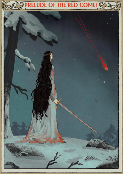 The image depicts a woman standing in a snowy landscape, gazing upwards at a red comet streaking across the night sky. She has long, dark hair cascading down her back and is dressed in a flowing, light-colored gown with a reddish-orange hem. The gown appears to be made of a translucent fabric, and she holds a sword in her right hand, which is pointed towards the ground. The background features a dark, starry sky with the comet's fiery tail prominently visible. Snow-covered trees and rocks are scattered around her, adding to the wintry atmosphere. The title "PRELUDE OF THE RED COMET" is displayed at the top of the image in bold red letters, framed by ornate designs. The overall color palette is a mix of cool blues and whites, contrasted by the warm red of the comet and the gown's hem.