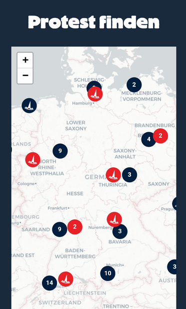 Demokarte Deutschland für TeslaTakedown Proteste am 12.04.2025, darunter Berlin, Grünheide, Erfurt, Nürnberg, Frankfurt, Stuttgart, Duisburg und Hamburg.