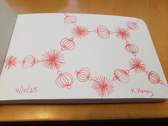 Hand drawn generative/procedural art in ink on an open page of my sketchbook. The abstract pattern looks a bit like a chemistry diagram, but with beads.