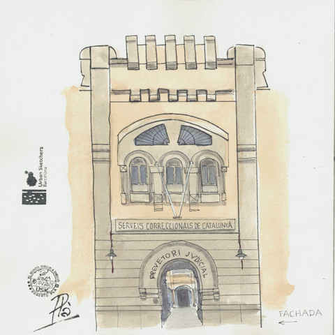 Fachada principal de la antigua carcel en el Carrer d'Entença, dibujada con estilográfica y coloreado con acuarela.