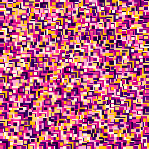 Artwork of shapes with right angles, colors black, white and shades of yellowish orange and violet.