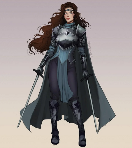 The image depicts a female warrior standing in a confident pose. She is wearing a detailed, armored outfit that combines elements of medieval and fantasy design. The armor is primarily silver with blue accents, featuring a chest plate, shoulder guards, and gauntlets. She wears a long, flowing cape that extends to her knees, adding a dramatic flair to her appearance. Her long, wavy brown hair cascades down her back, complementing her attire. She holds two swords, one in each hand, with the blades pointing downward. Her boots are high and armored, matching the rest of her outfit. The background is a simple gradient, transitioning from light to dark, which emphasizes the character. The overall color scheme is a mix of silver, blue, and black, creating a striking visual contrast.