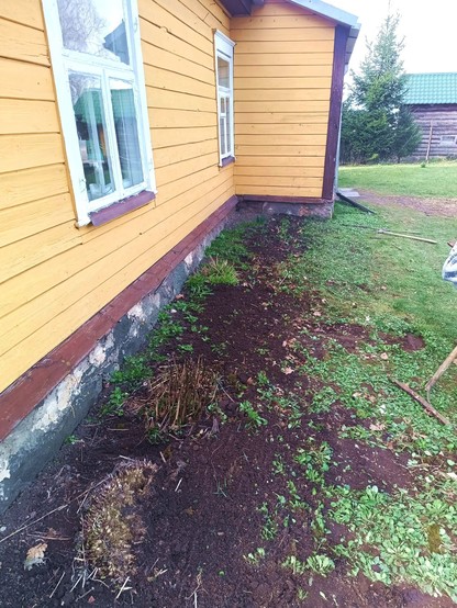 Same view, now with the bricks and concrete all gone and the trench closed again and raked over to form a smooth grade away from the foundation.