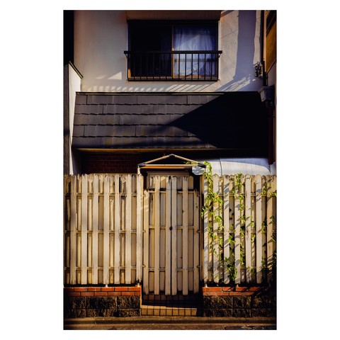 A sunlit facade featuring a wooden gate and fence, painted a pale cream that's now chipped and weathered in all the right ways. Climbing plants trail up the panels like they’ve been invited in. Above, a tiny roof overhang hints at the care once given to this entrance, even as time nudges it toward imperfection. A shadow from the balcony above slices diagonally across the scene, adding compositional tension to this quietly lived-in beauty.