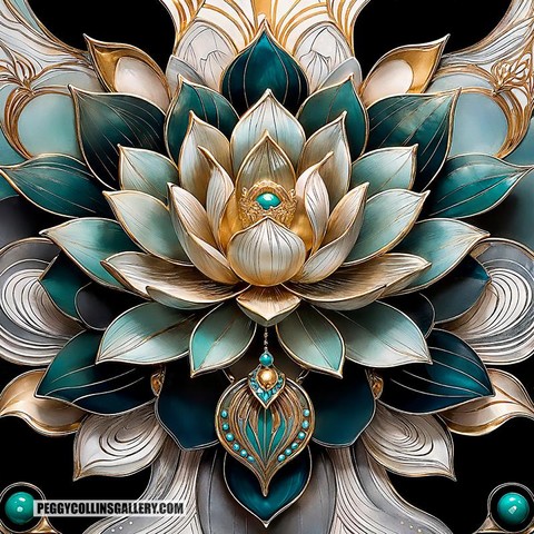 Artwork of a lotus flower mandala in white, turquoise and gold with turquoise embellishments, by artist Peggy Collins.