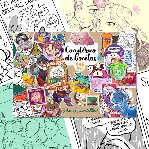 Collage del cuaderno de bocetos, con la portada en el centro y varias páginas por detrás, de forma que no se ve mucho pero se intuye un par de cómics, una ilustración de Curso de cocina para ex dioses y un diseño de personaje