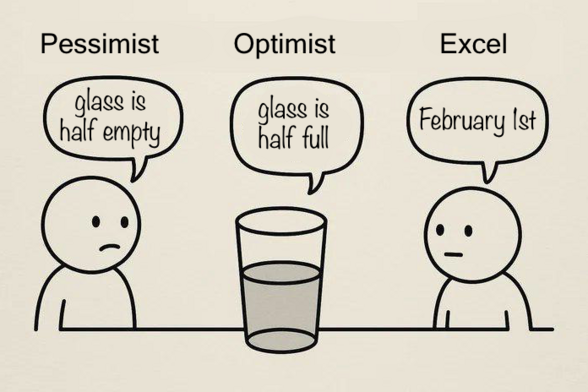 Pessimist: Glass half empty
Optimist: Glass half full
Excel: February 1