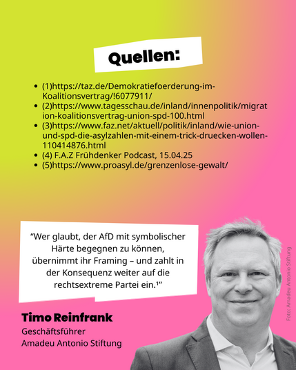 Folie 9 - Quellen:
(1)https://taz.de/Demokratiefoerderung-im-Koalitionsvertrag/!6077911/
(2)https://www.tagesschau.de/inland/innenpolitik/migration-koalitionsvertrag-union-spd-100.html 
(3)https://www.faz.net/aktuell/politik/inland/wie-union-und-spd-die-asylzahlen-mit-einem-trick-druecken-wollen-110414876.html
(4) F.A.Z Frühdenker Podcast, 15.04.25
(5)https://www.proasyl.de/grenzenlose-gewalt/

Die Folie endet mit einem Foto und Zitat von Timo Reinfrank (Geschäftsführer Amadeu Antonio Stiftung)

“Wer glaubt, der AfD mit symbolischer Härte begegnen zu können, übernimmt ihr Framing – und zahlt in der Konsequenz weiter auf die rechtsextreme Partei ein.¹”