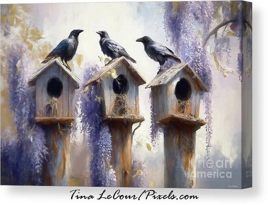 This is a canvas of three black ravens perched on three bird houses full of purple wisteria flowers.