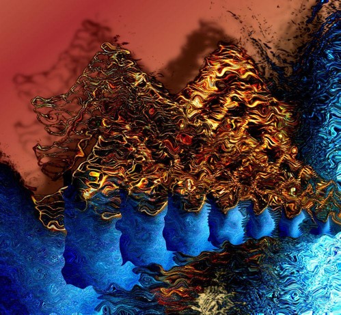Orangener und blauer Auswurf von rechts vor rotbraunem Hintergrund. 

Orange and blue ejection from the right against a red-brown background.