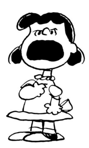 Lucy, with dark hair and a white dress, complaining loudly about something.
