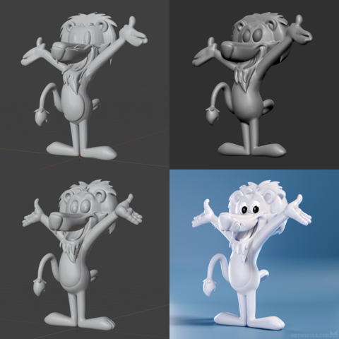Four creation stages of a cartoon-style 3D lion character sculpture.