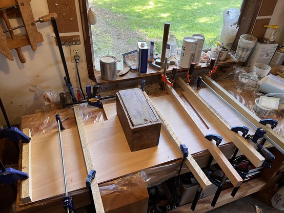 Lots of clamps on a big board