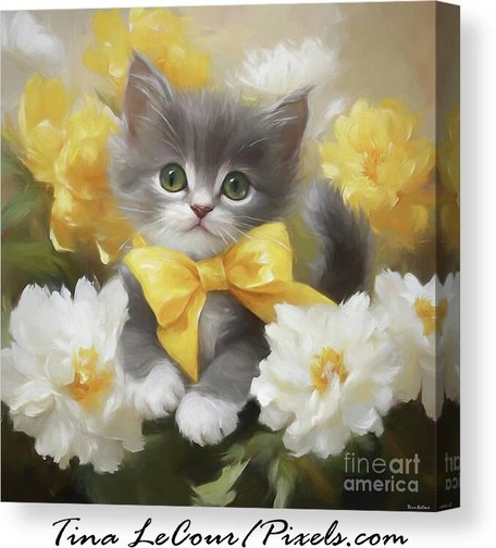 This is a canvas of a sweet gray and white kitten wearing a big yellow bow around it's neck posed in some yellow and white peony flowers.
