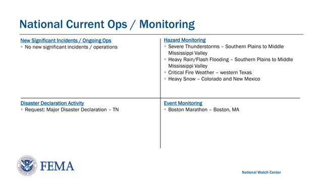 Federal Emergency Management Agency
National Current Ops / Monitoring
National Watch CenterNew Significant Incidents / Ongoing Ops
▪No new significant incidents / operations  Hazard Monitoring
▪Severe Thunderstorms – Southern Plains to Middle 
Mississippi Valley
▪Heavy Rain/Flash Flooding – Southern Plains to Middle 
Mississippi Valley
▪Critical Fire Weather – western Texas 
▪Heavy Snow – Colorado and New Mexico
Event Monitoring
▪Boston Marathon – Boston, MADisaster Declaration Activity
▪Request: Major Disaster Declaration – TN