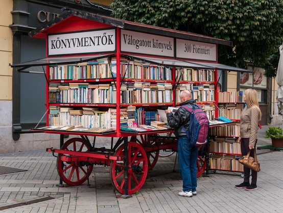 Ein alter, roter, hölzerner Anhänger in einer Fußgängerzone als Selbstbedienungsstand mit alten Büchern. Davor ein Mann, in einem der Bücher blätternd, und eine Frau die sich das Angebot betrachtet.