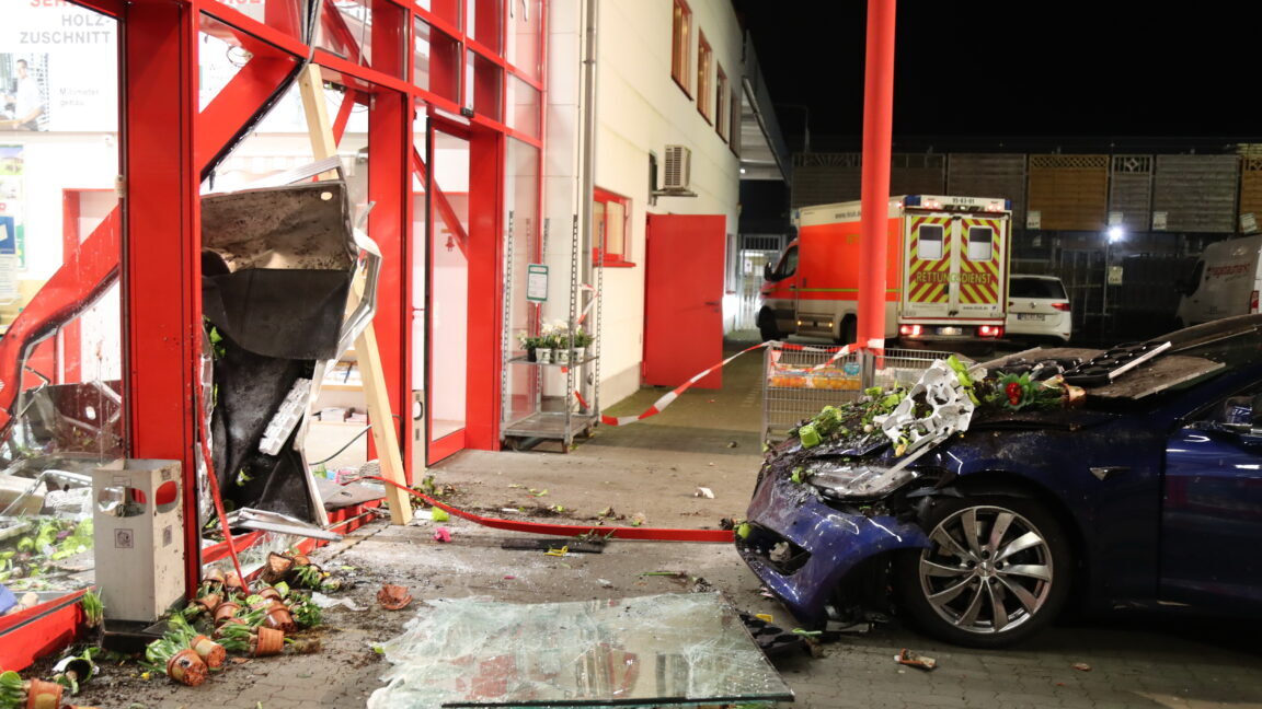 A Tesla that crashed into a hardware store