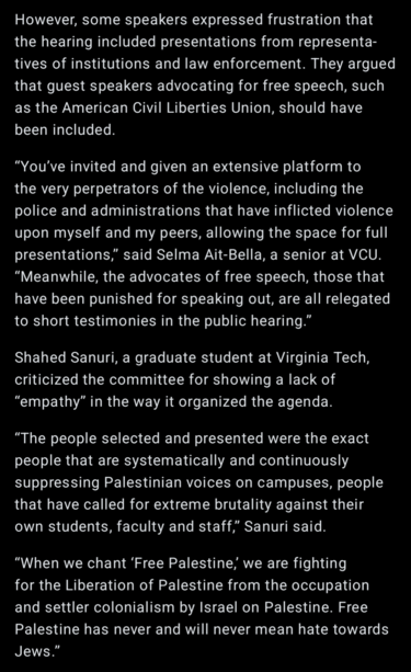 However, some speakers expressed frustration that the hearing included presentations from representatives of institutions and law enforcement. They argued that guest speakers advocating for free speech, such as the American Civil Liberties Union, should have been included.“You’ve invited and given an extensive platform to the very perpetrators of the violence, including the police and administrations that have inflicted violence upon myself and my peers, allowing the space for full presentations,” said Selma Ait-Bella, a senior at VCU. “Meanwhile, the advocates of free speech, those that have been punished for speaking out, are all relegated to short testimonies in the public hearing.”Shahed Sanuri, a graduate student at Virginia Tech, criticized the committee for showing a lack of “empathy” in the way it organized the agenda.“The people selected and presented were the exact people that are systematically and continuously suppressing Palestinian voices on campuses, people that have called for extreme brutality against their own students, faculty and staff,” Sanuri said.“When we chant ‘Free Palestine,’ we are fighting for the Liberation of Palestine from the occupation and settler colonialism by Israel on Palestine. Free Palestine has never and will never mean hate towards Jews.”