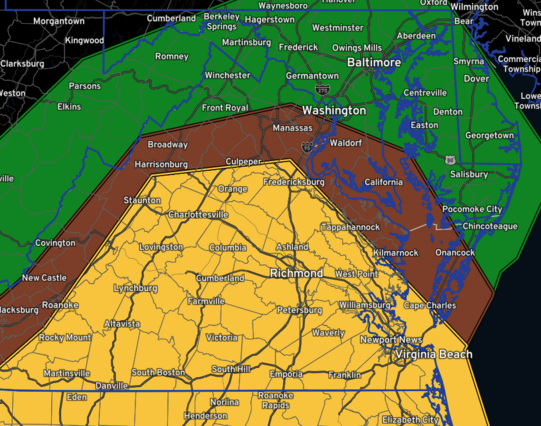 This image appears to be a weather-related map, likely showing a severe weather outlook for a specific region in the eastern United States, including parts of Virginia, Maryland, West Virginia, and Washington, D.C. 

The map is color-coded with different regions highlighted:
- **Green** (northern areas, including Baltimore and parts of Maryland) likely represents a marginal or lower risk.
- **Brown** (central region including Washington, D.C., parts of Maryland, and northern Virginia) could indicate a slightly elevated risk.
- **Yellow** (southern and central Virginia, including Richmond, Lynchburg, and Virginia Beach) suggests a more significant severe weather risk.

This map likely originates from the Storm Prediction Center (SPC) or National Weather Service (NWS), indicating a forecast for severe thunderstorms, including potential tornadoes, hail, or damaging winds.