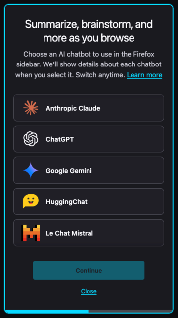 New Firefox sidebar with various LLMs you can chat with